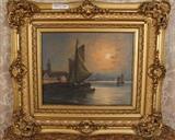 152 - Victorian oil on canvas of boats at sunset, signed L. Marco in good gold gilt frame, 24 x 26
