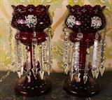 178 - Pair ruby cut to clear lusters with double prisms, excellent paint, 14 in. T, 6 in. D.
