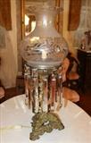 180 - Period Victorian astral lamp with bronze base, excellent shade and 8 in. Prisms, 23 in. T.
