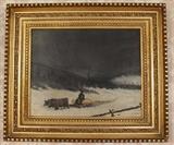 188 - Winter logging scene with oxen, signed N.L.A., 1884, good gold frame, 28 x 24
