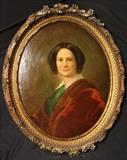 212 - Oil on canvas of Victorian lady in oval gold frame, 34 x 26.
