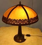 226 - Slag glass panel lamp with bronze base, 22 in. T.

