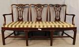 248 - Straight leg Chippendale 3 seat bench with connecting support, blue stripe upholstery, 37 in. T, 64 in. W, 22 in. D.
