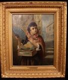 246 - Oil on canvas of Victorian Gypsy with fan, signed, 35 x 25
