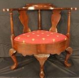 284 - Mahogany Queen Anne corner chair with peg construction and new upholstery, 33 in. T, 32 in. W, 19 in. D.
