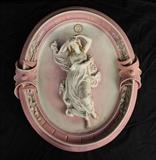 291 - Pink and white porcelain wall plaque of lady, 17 in. T, 14 in. W.
