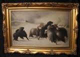 313 - Oil on canvas of sheep in blizzard, gold antique frame, signed, 35 x 32.
