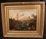 314 - Oil on canvas of country and castle scene, ornate frame, 26 x 28.

