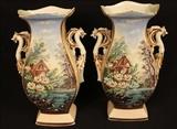 327 - Matched pair of Old Paris vases with landscape scenery and dragon arms, 15 in. T, 10 in. W.
