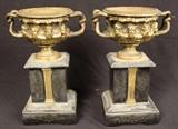 343 - Pair of bronze urns on marble base, 9 in. T, 7 in. W.
