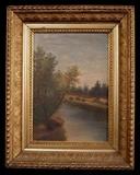 345 - Oil on canvas of landscape scene in gold gilt frame, 19 x 15.
