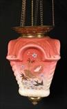 355 - Victorian Peachblow hanging pull down light fixture, hand painted satin shade with birds and gold paint, 16 in. T.
