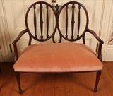 366 - Double Sheraton style mahogany settee, hand carved, ca. 1870, 37 in. T, 38 in. W, 20 in. D.
