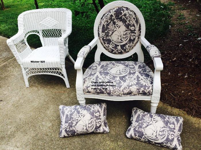 Wicker chair $25.  Upholstered chair with matching pillows $90