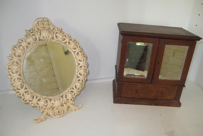 Little antique iron frame beveled mirror and small antique jewelry box - needs a little work, but a great little piece. 