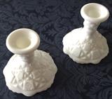 ANTIQUE DAISY AND STAR MILK GLASS CANDLE HOLDERS