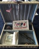 ANTIQUE VICTORIAN CELLULOID JEWELRY BOX WITH MISCELLANEOUS SUNDRIES