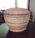 MASSIVE AFRICAN WOVEN COIL BASKET WITH STRAPS AND LID