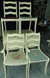 DOUBLE DROP-LEAF DINING TABLE CHALK PAINTED YELLOW AND DISTRESSED W/4 CHAIRS ALL WITH ORIGINAL NEEDLEPOINT SEAT.