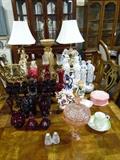 GREAT ASSORTMENT OF GLASSWARE, LAMPS, AVON CAPE COD, ETC.