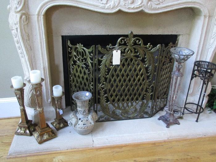 fire place screen and candle sticks