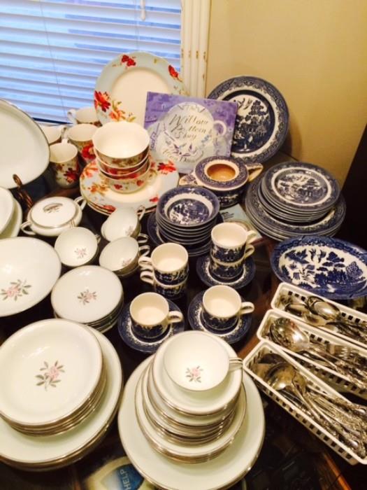 Lots of china, including Blue Willow and Milk Glass