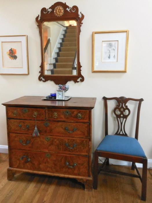 Chippendale style mirror and chair, Burl chest of drawers