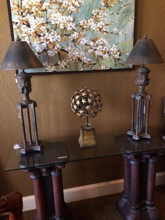 Glass top entry table; 2 of the many lamps; dogwood oil painting