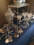 Silver plate candelabras and other serving pieces