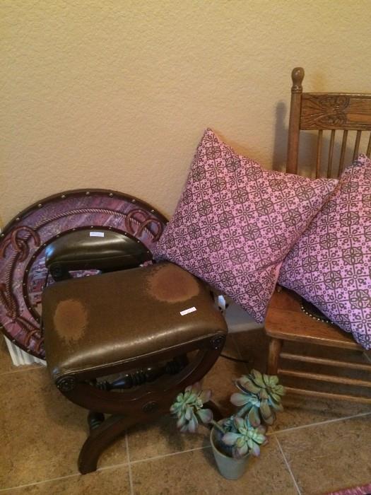 Vintage stool, mirror, pink & brown pillows, and antique chair