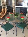 Patio lounger, table & chairs; darling watermelon dishes