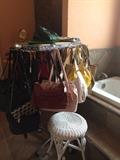 Great purse selections; white wicker vanity stool