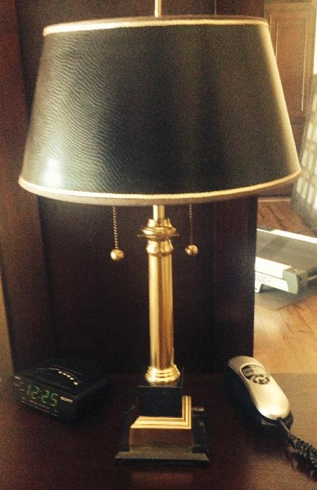 Pair of brass lamps with faux skin lampshade 