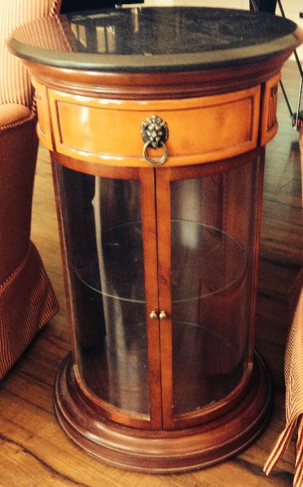 Extraordinary Round Wood and Glass End Table with Black Marble Top