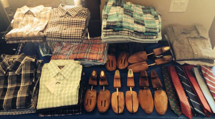 Current men's shirts and summer shorts, shoe stretchers, and classic ties. (Size - large.)