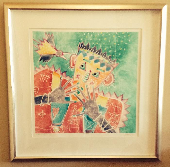 Modern Native American "Spirit Talker" signed piece from late 1980s. (Lighting washed out the extraordinary color in the photo.)