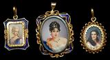 Lot 72: RARE lot of three 18K hand painted miniature pins / pendants
 all inset with diamonds, having fine detail, blue enamel bezels,
measuring 1"-1.3", extremely rare, est. $1,700.00-$2,500.00