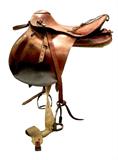 Lot 150: Third Reich German leather riding saddle with stirrups,
 in good condition, having the Third Reich Eagle impressed on the 
underside of saddle, measuring 21" x 20"x 20" c. 1933-1945,
 est. $450.00-$650.00