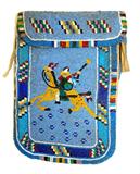 Lot 118: FINE Plains Indian fully beaded buckskin bag depicting
a figure shooting a rifle, original cloth interior with fully beaded
handle, measuring 8.5" x 5.25", no losses to stitching or beads
c.1900-1920 est. $300.00-$400.00