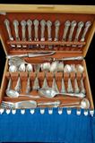 Lot 90: Gorham sterling English Garden 107 pc. flatware service for 12
to include 12 cocktail forks, 1 pickle fork, 1 cranberry server,
1 carving kife and fork, 1 meat fork, 1 cake knife, 1 gravy ladle,
1 sugar spoon, 3 serving spoons, 12 dinner knives, 12 soup spoons, 
12 salad forks, 24 teaspoons, 12 dinner forks, 12 butter spreaders, 
monogrammed "S", est. $2,500.00-$3,500.00