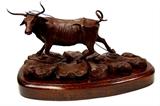 Lot 140: J. S. McCormick original bronze sculpture entitled "Cause For Concern"
depicting a Texas Longhorn, roped but not down, measuring 13.75" x 9" x 8"
mounted on a wooden plinth, signed and dated 1 / X 1979, est. $300.00-$400.00