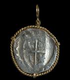 Lot 161: Spanish 4 reales Potosi mint piece of 8 cob coin from the 1622 Spanish
 treasure fleet, full cross with partial definition on the reverse, measuring 1.22",
 weighing 12.13 grams, pendant weighing 17.04 grams ttl., with solid 14K bezel
 and bail, est. $250.00-$400.00
