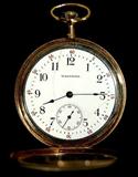Lot 149: 14K American Waltham model 1894 open face pocket watch
12 size grade 235 17 jewel, porcelain dial having light stress cracks from
7-11 and from 3-5, running and keeping good time, est. $600.00-$800.00
