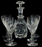 Lot 29a: Baccarat 12" decanter and six 7" stems in the Cherish
pattern, overall excellent condition, no chips or cracks except
a flea bite to the bottom of the decanter stopper (see photo)
est. $200.00-$300.00