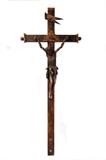 Lot 144: Spanish Colonial crucifix measuring 49.5" x 20.5"
having some loss to the top molding and side,
est. $300.00-$500.00