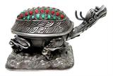 Lot 44: Scarce sterling silver handmade Chinese trinket box,
having turquoise and coral stones with repair to four of the
rear stones, measuring approx. 7.75" long x 3.75" high,
est. $400.00 - $500.00