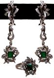 Lot 99: Estate 3 pc. suite of palladium emerald diamond earrings and ring
set with three 0.50 carat emeralds, 1.50 carats TCW accented with 100 round
diamonds, the earrings having a 2.5" drop, c.1940 est. $800.00-$1,200.00