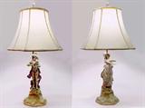 Lot 130: A wonderful pair of German Bisque Kalk porcelain figural lamps,
Thuringia Germany, the figures measuring 16" tall, 30" base to finial,
est. $800.00-$1,200.00
