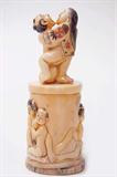 Lot 34: Japanese erotic ivory carved pedestal surmounted with
an amorous couple and carved about the circumference with
anatomically correct amorous couples. having polychrome
scrimshaw, measuring 3.5" tall, artist signed
est. $250.00-$350.00