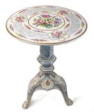 Lot 118: Pair of German Von Schierholtz porcelain hand painted
tables measuring 27.5" tall x 18.75" diameter, excellent condition,
no chips, cracks or repairs, artist signed, est. $900.00-$1,200.00